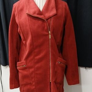 Bob Mackie Red Fleese Mini Trench Coat with Gold Accents SZ Small